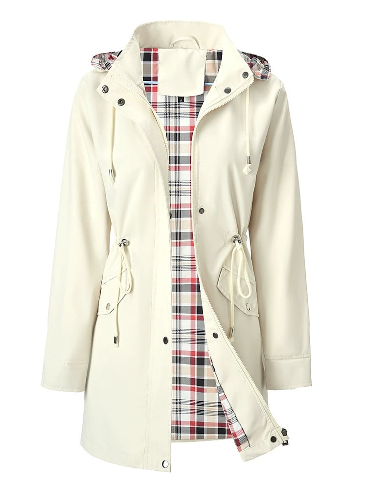 White waterproof 3-in-1 rain coat for women from Bennett and Lowe, featuring a detachable hood and stylish design.