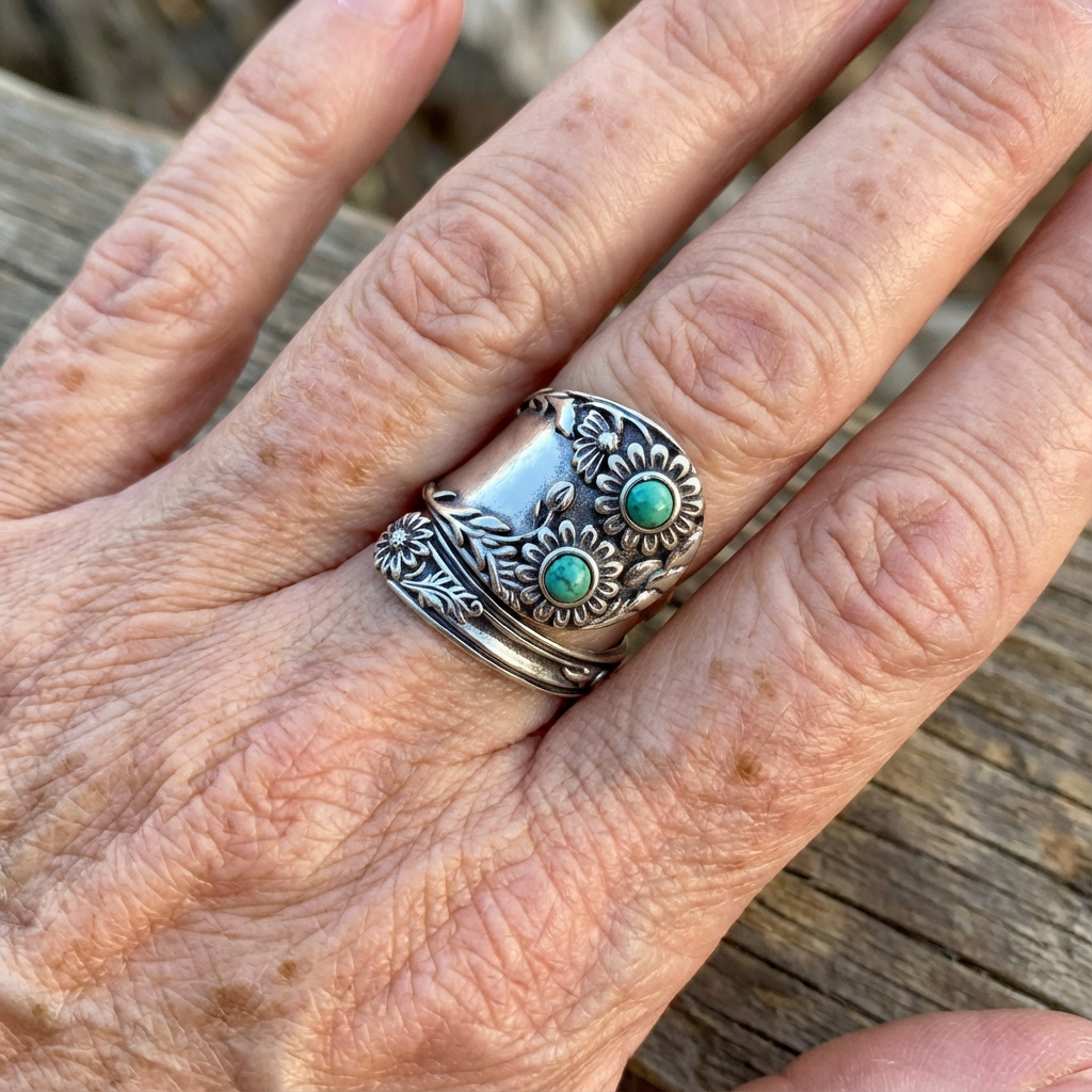 Anillo vintage ancho de plata con turquesa y diseño floral