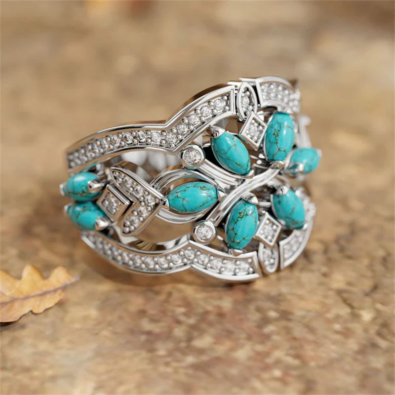 Anillo vintage bohemio de flores y enredaderas de turquesa