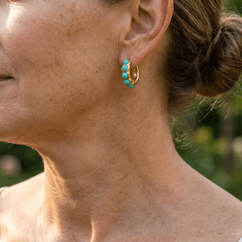 Bold Turquoise Stone Sculpted Hoop Earrings