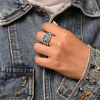 Anillo vintage bohemio de flores y enredaderas de turquesa