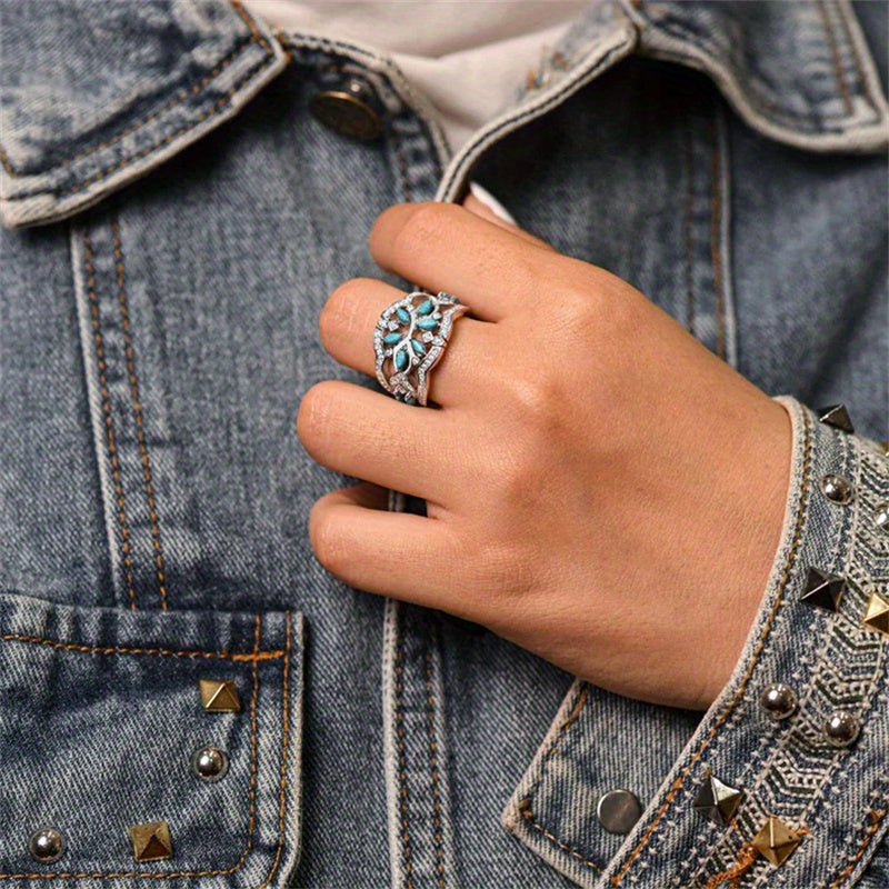 Anillo vintage bohemio de flores y enredaderas de turquesa