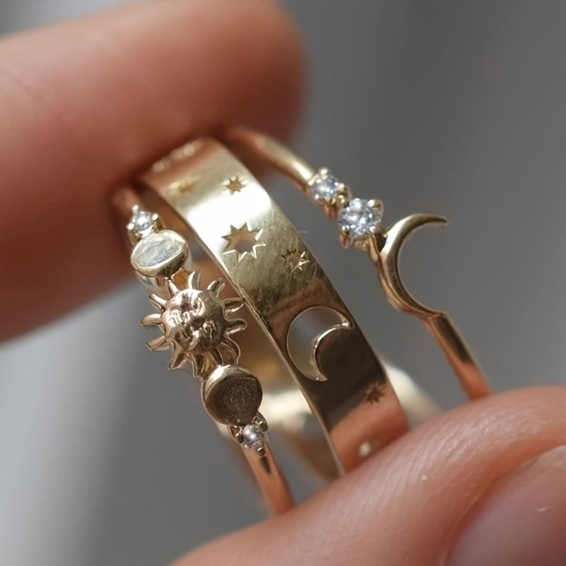 Set de anillos apilables vintage de media luna con circonitas incrustadas