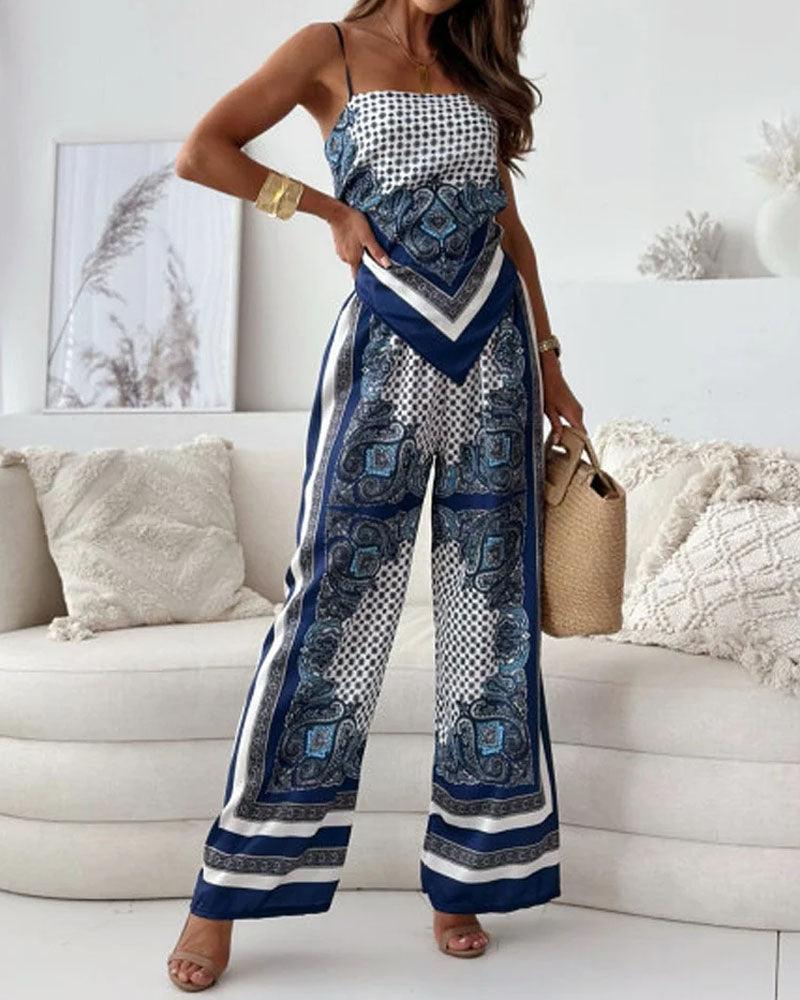 Conjunto de chaleco con cordones y pantalones estampados Lila