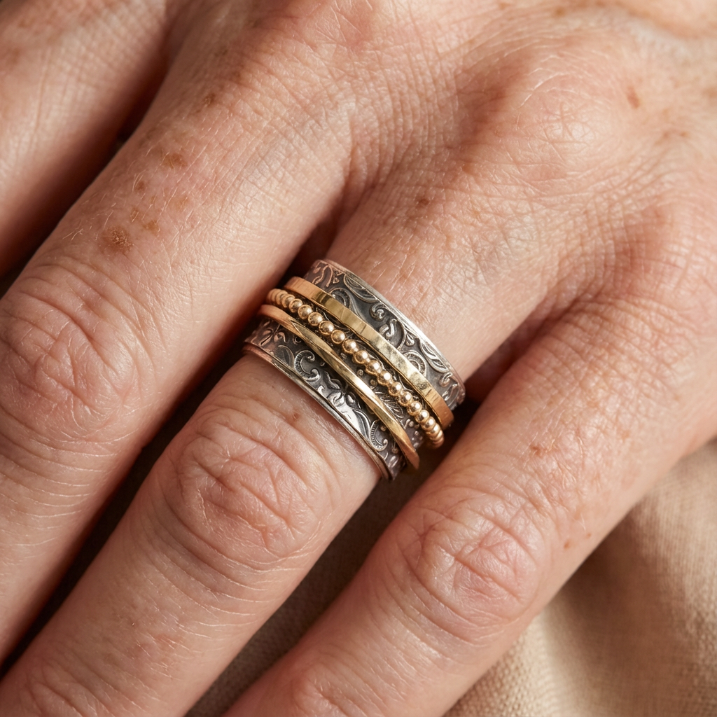 Anillo vintage inspirado en diseños clásicos, de plata y oro, giratorio y llamativo
