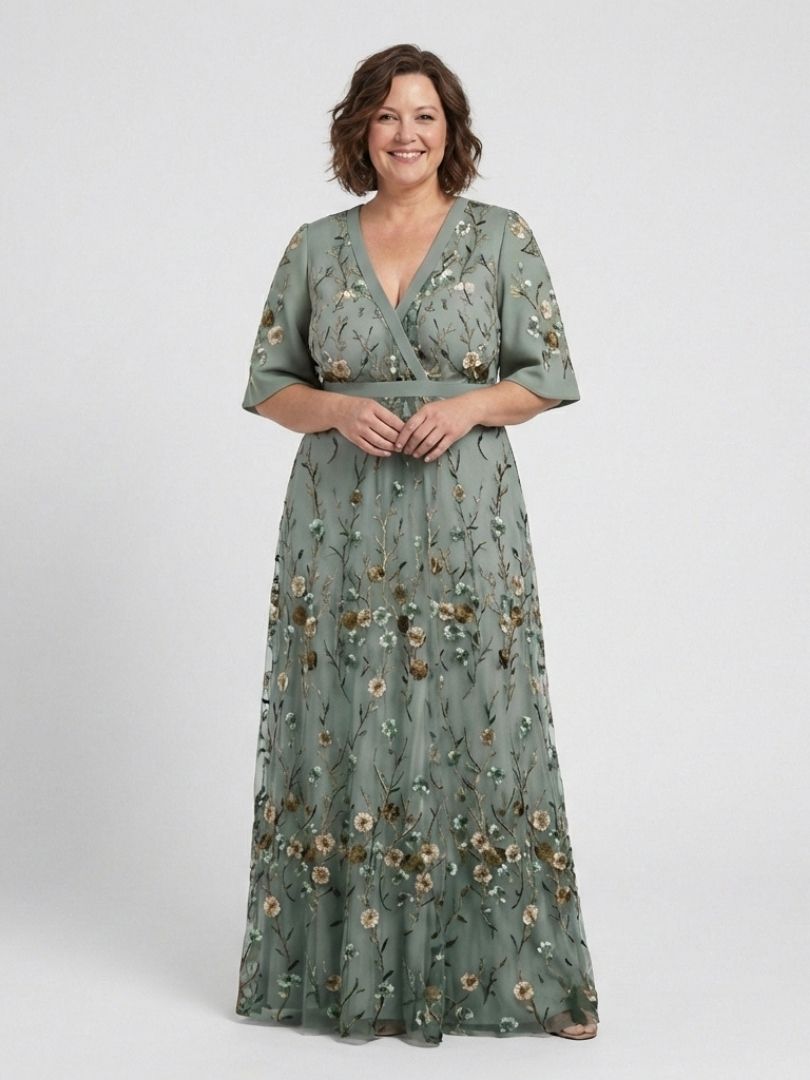 Evadne | Vestido longo floral com decote V e mangas curtas