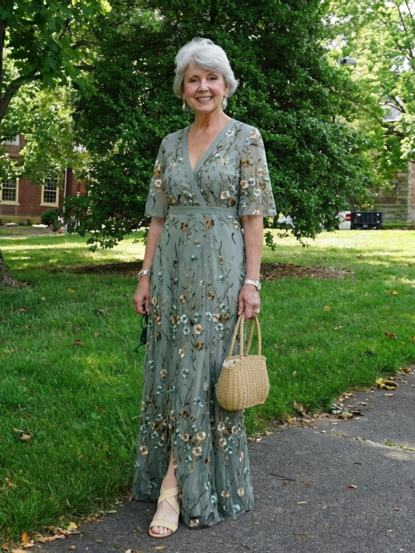 Evadne | Vestido longo floral com decote V e mangas curtas