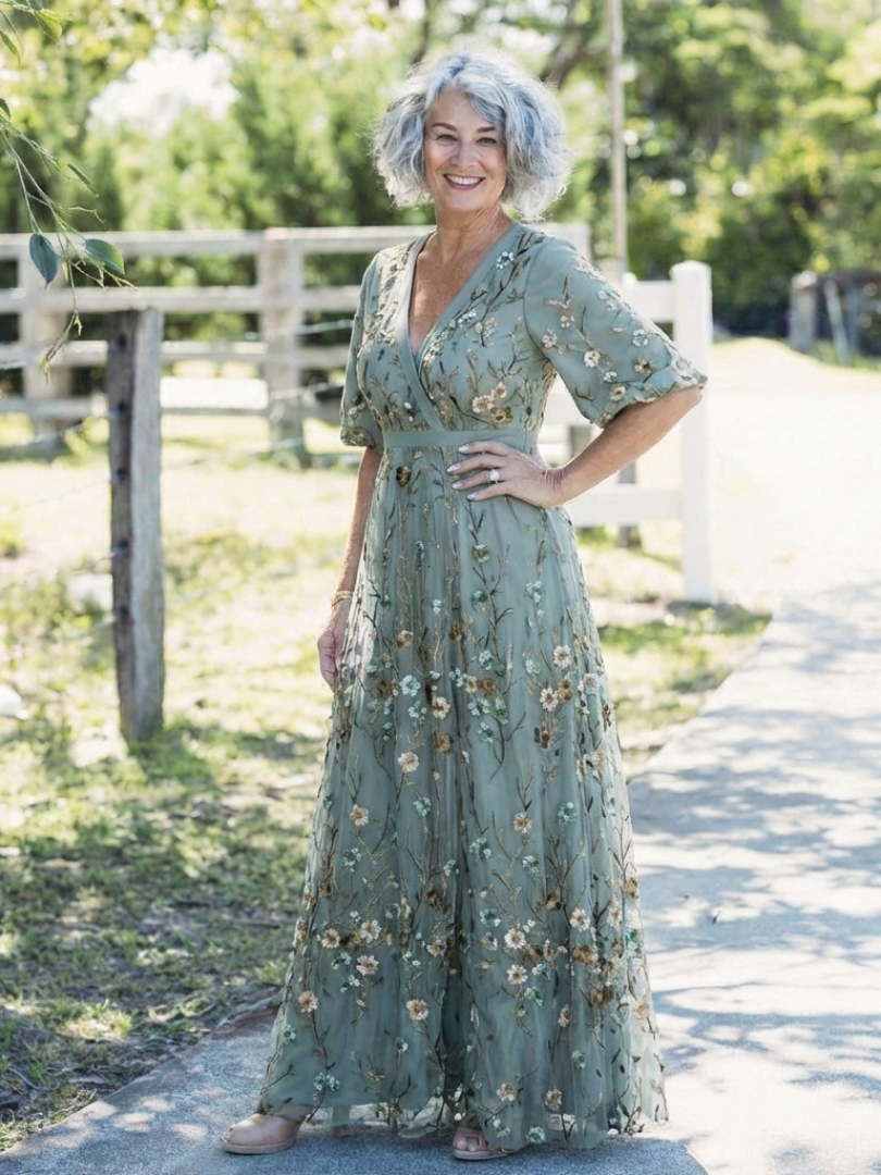 Evadne | Vestido longo floral com decote V e mangas curtas