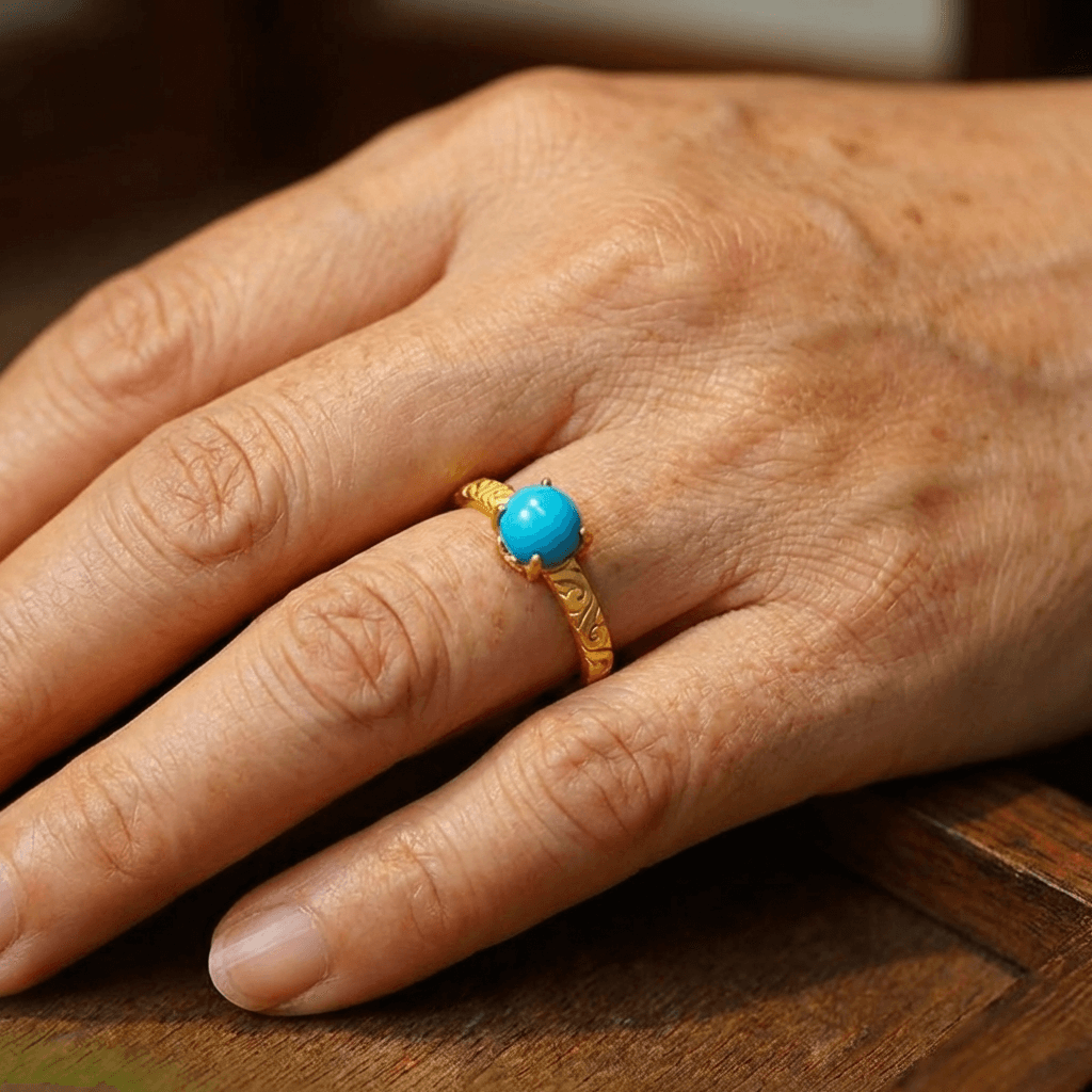 Elegante anillo dorado de banda con piedra de turquesa lisa