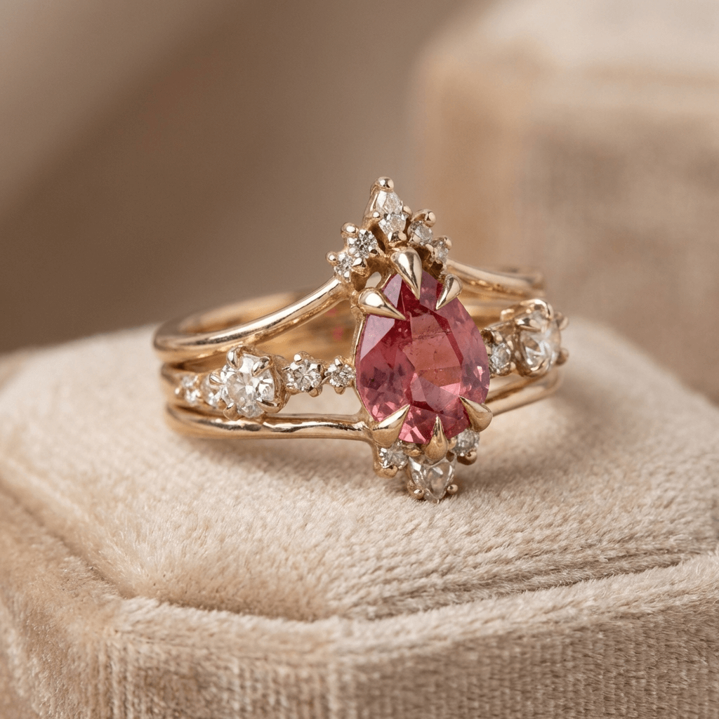 Elegante anillo dorado de granate cristalino