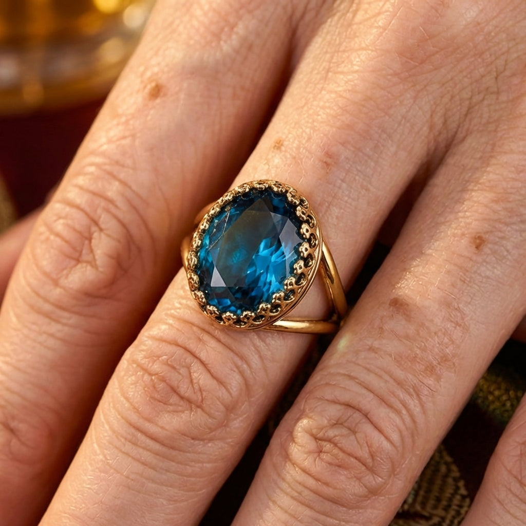 Anel elegante banhado a ouro com pedra azul oval