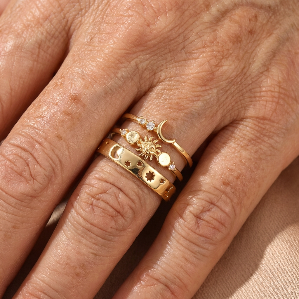 Set de anillos apilables vintage de media luna con circonitas incrustadas