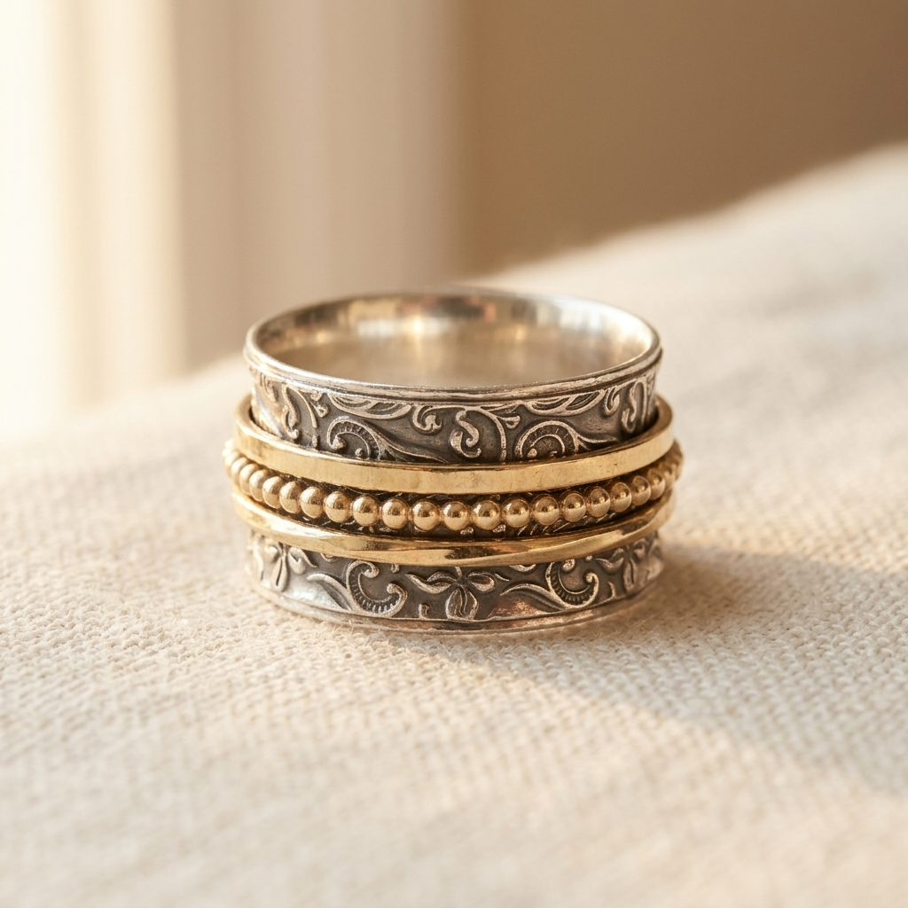 Anel giratório marcante de inspiração vintage, em prata e dourado