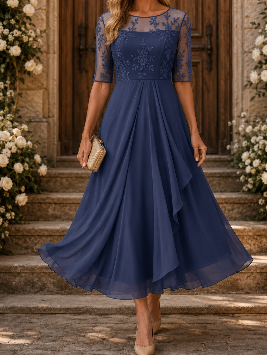Rose lace midi dress from My Store 2 featuring flattering fit, elegant lace fabric, and classic midi length.