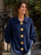 Isadora Bennett and Lowe oversized collared women's cardigan featuring a cozy knit texture and button closure.