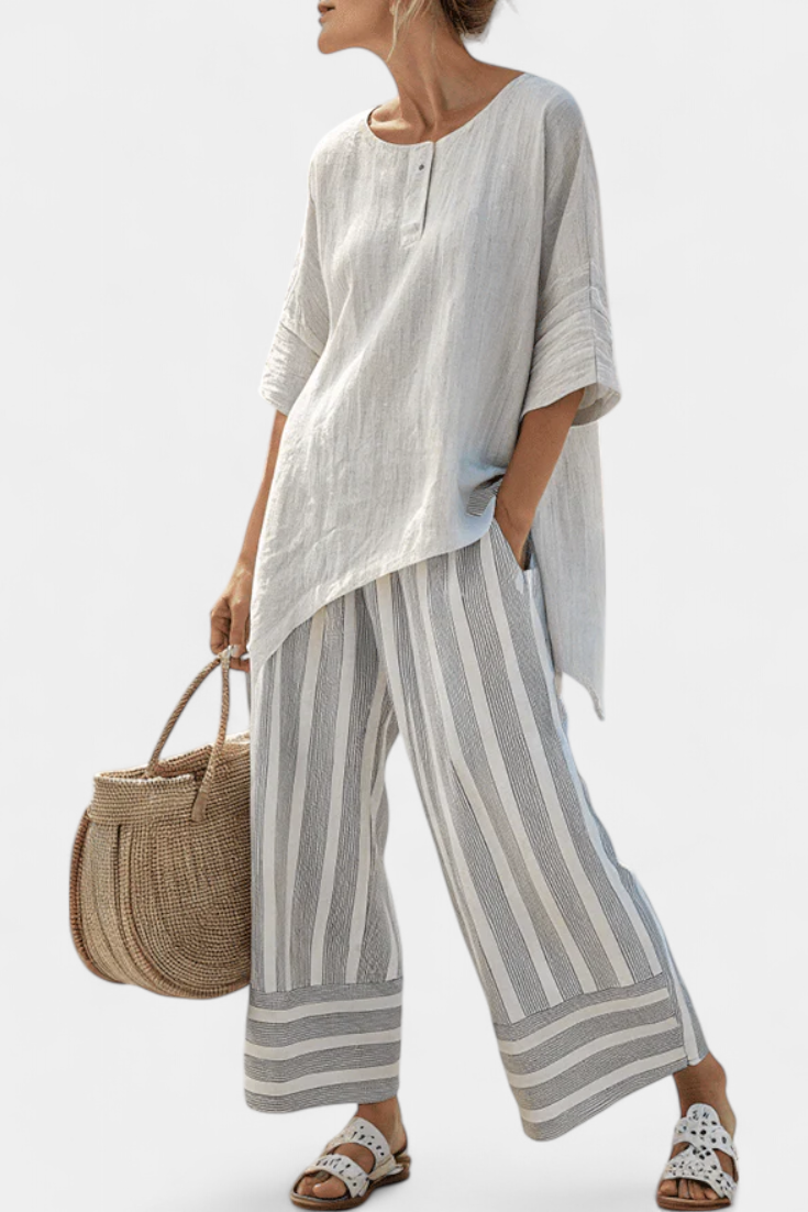Talvora | Blusa elegante asimétrica y pantalones a rayas