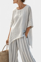 Talvora | Elegant Asymmetrical Blouse & Striped Pants