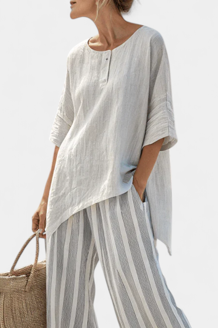 Talvora | Blusa elegante asimétrica y pantalones a rayas