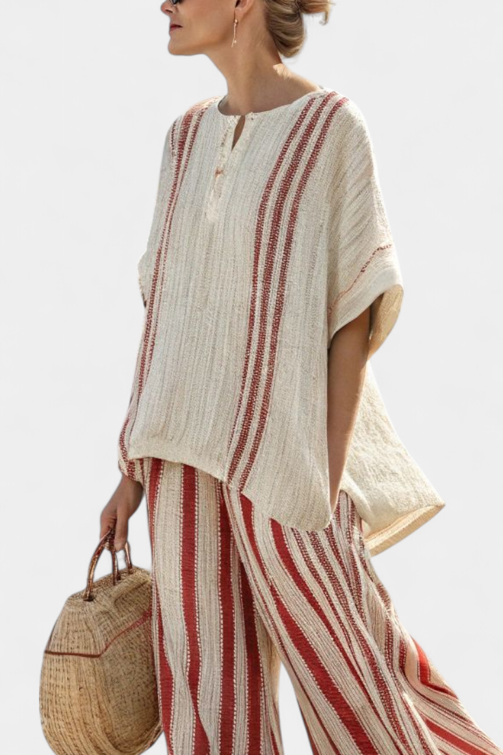 Mirella | Top sofisticado de textura marcada com riscas vermelhas e calças de linho