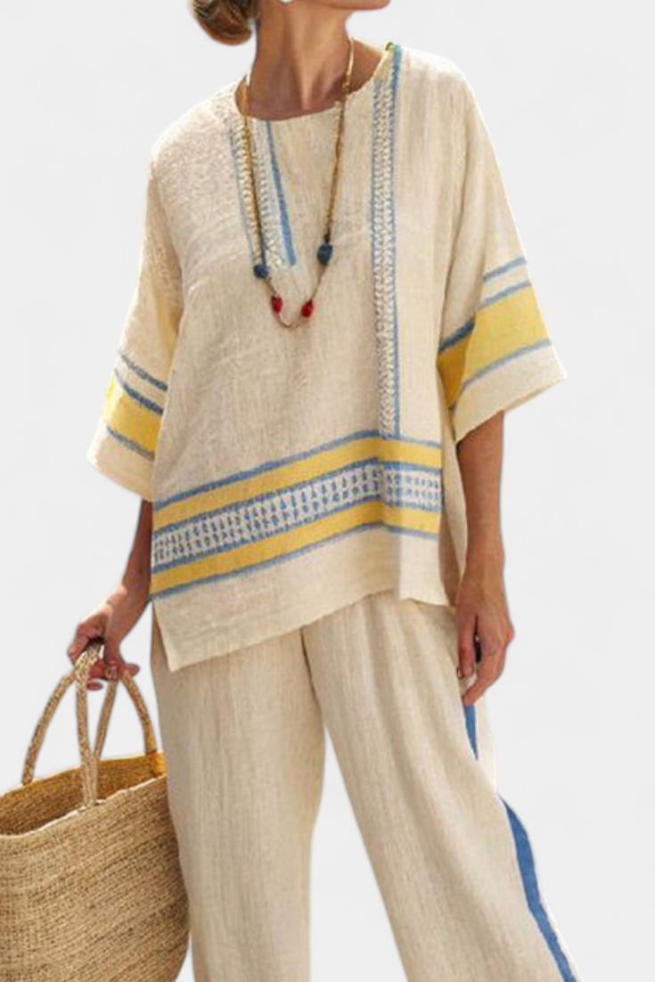 Jaxmere | Top mediterrânico confortável azul e amarelo e calças de linho
