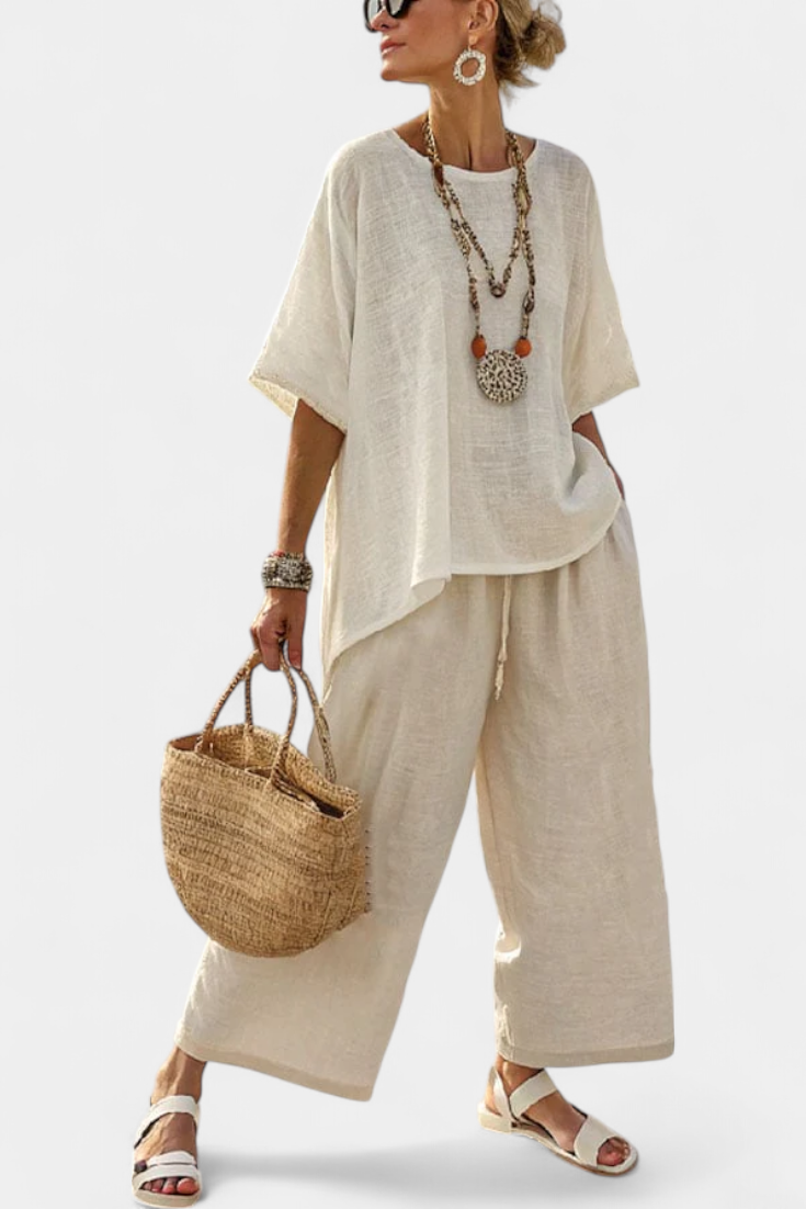 Drevon | Blusa minimalista cómoda de acabado natural y pantalón de pierna ancha