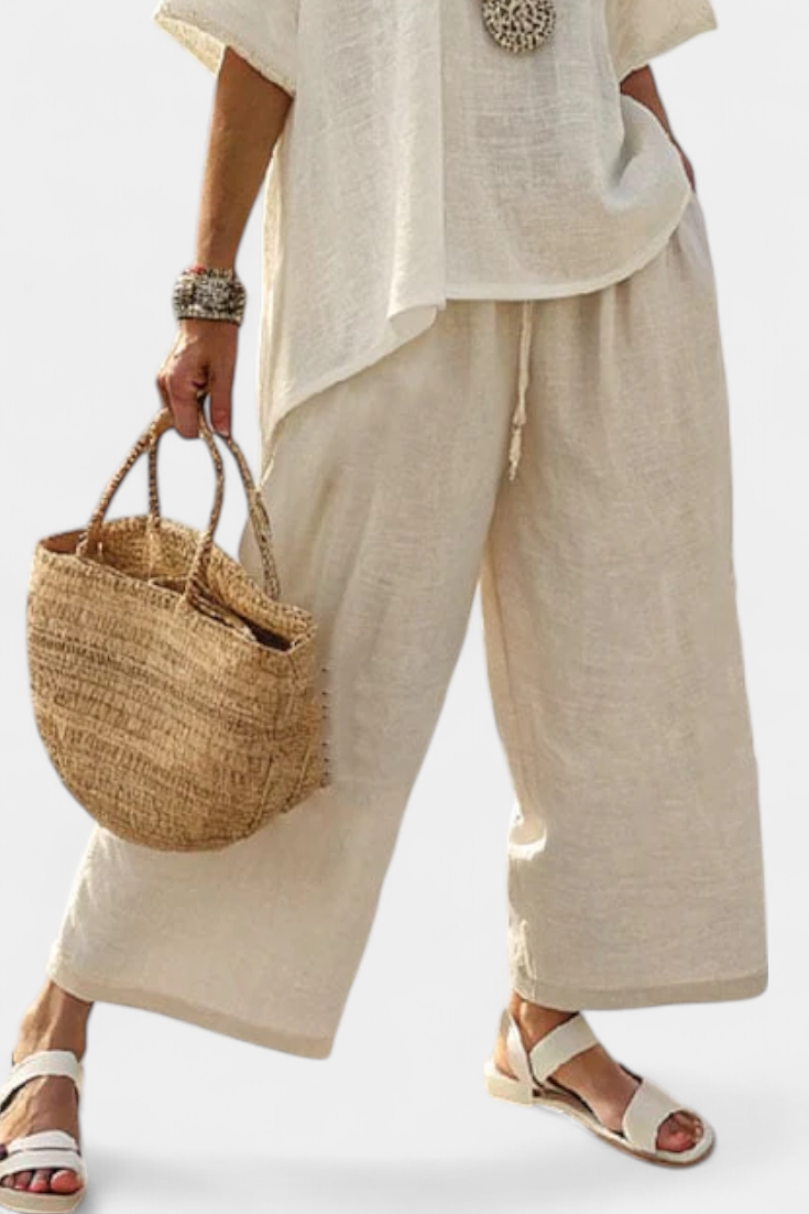 Drevon | Blusa minimalista cómoda de acabado natural y pantalón de pierna ancha