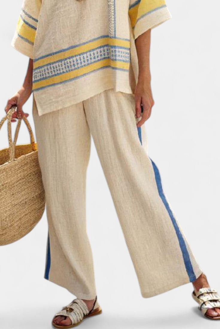 Jaxmere | Comfortable Blue-Yellow Mediterranean Top & Linen Pants