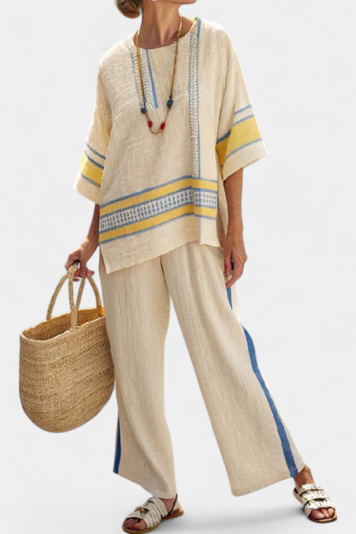 Jaxmere | Top mediterrânico confortável azul e amarelo e calças de linho