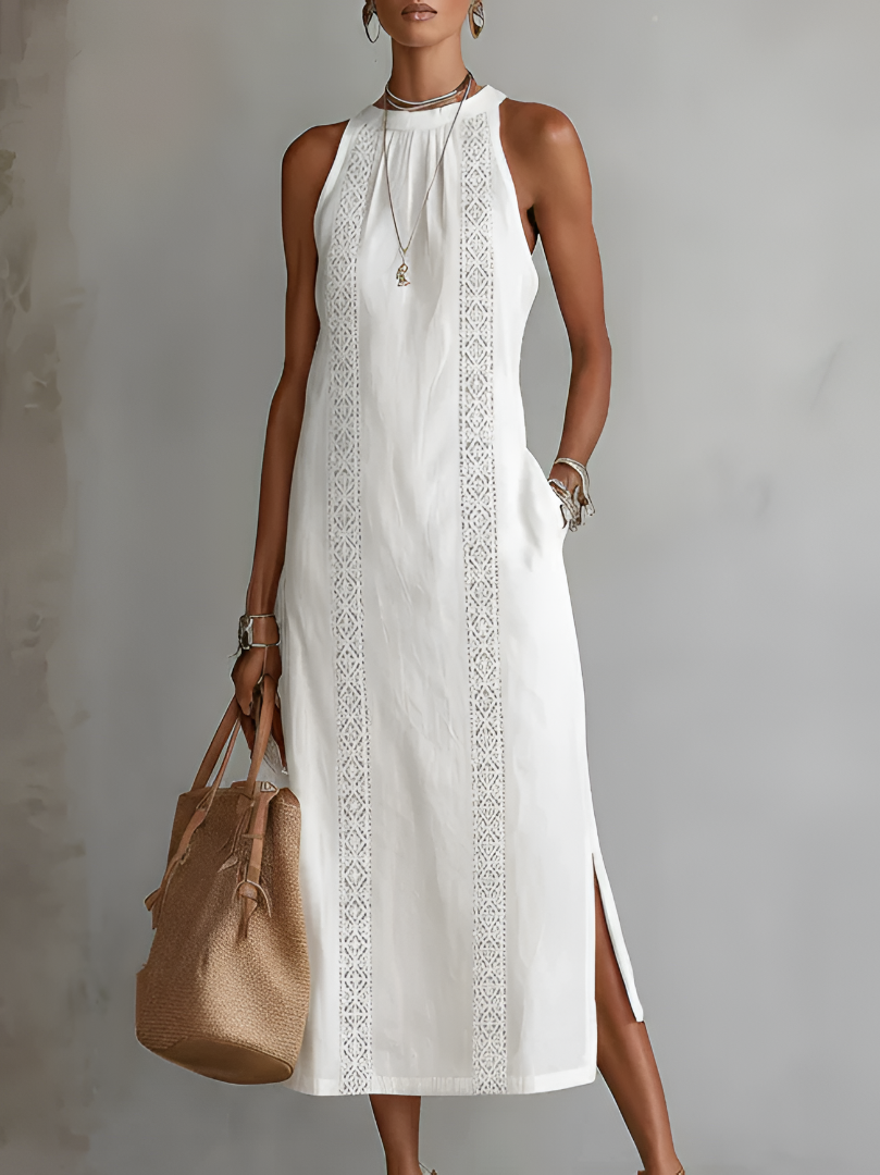 Jimena | Vestido midi bordado descontraído com gola mandarim