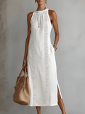 Jimena | Vestido midi bordado descontraído com gola mandarim