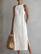 Jimena | Vestido midi bordado descontraído com gola mandarim