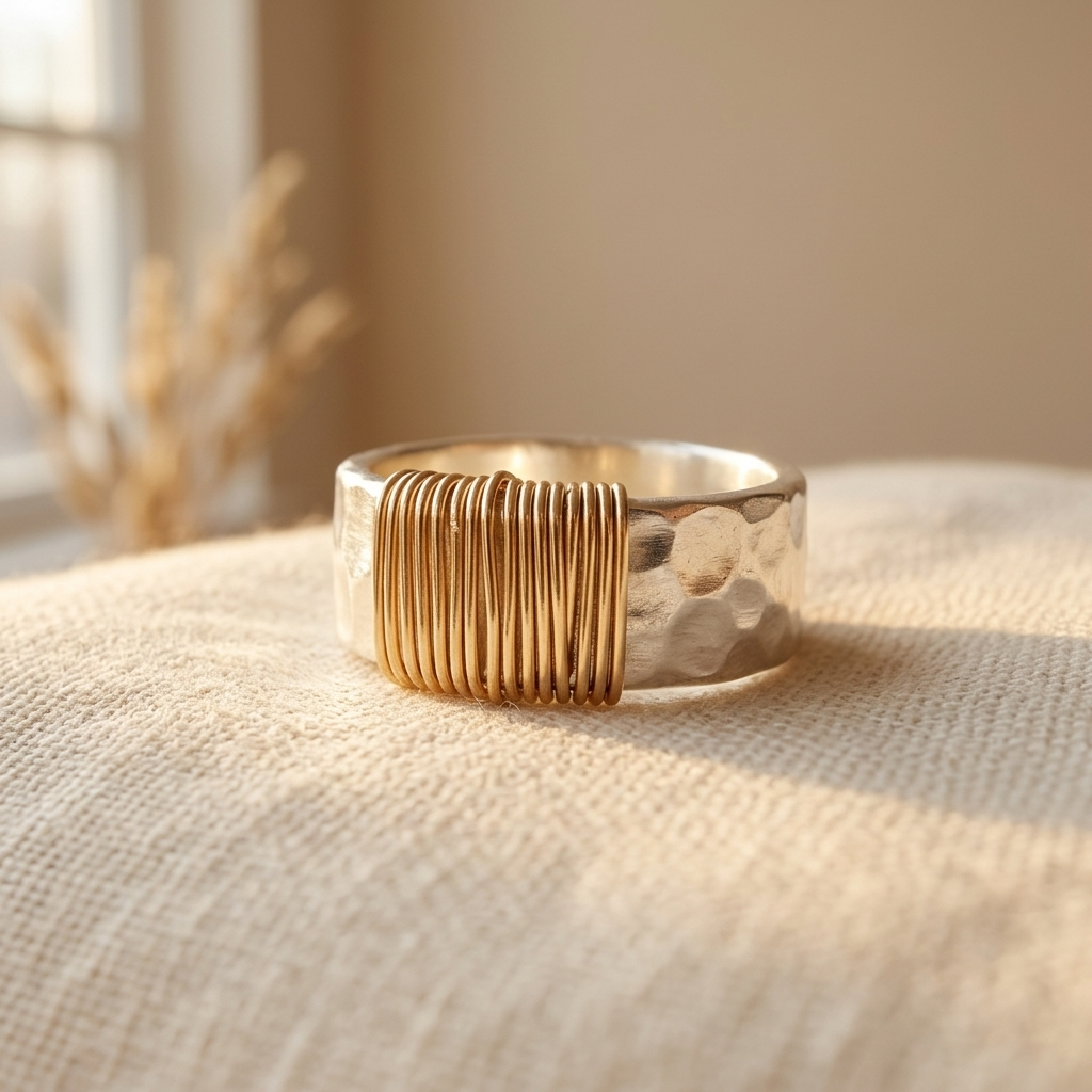 Anillo artesanal llamativo de alambre martillado de plata y oro