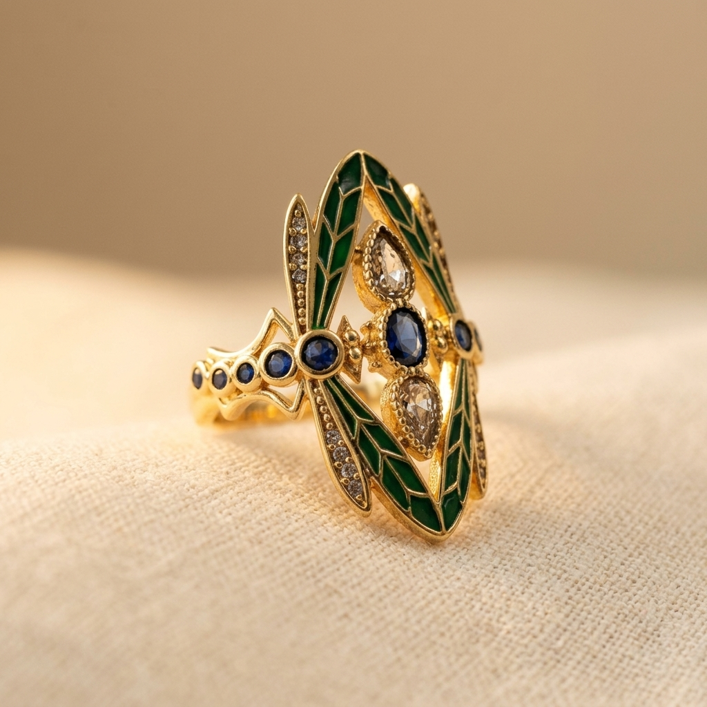 Anillo bohemio de libélula art nouveau con circonitas y baño dorado