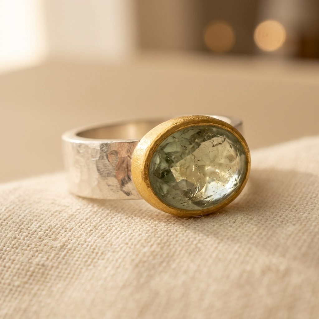 Anillo vintage de plata martillada con esmeralda verde y oro