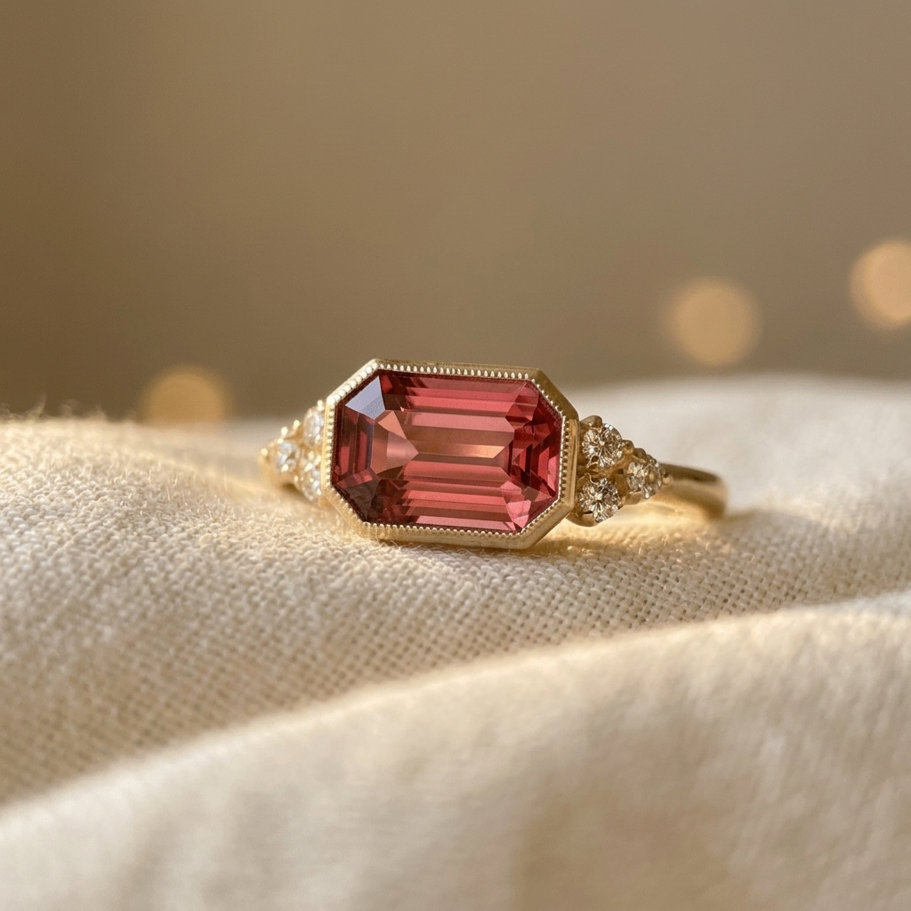Anillo vintage geométrico dorado con circonita roja