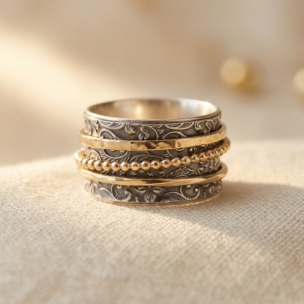 Anillo llamativo giratorio de metales mixtos con diseño de fe y amor