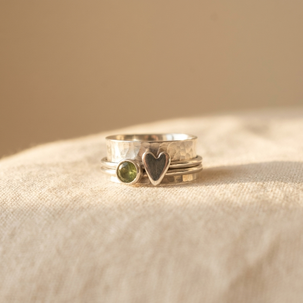 Anillo artesanal vintage de plata con corazón y piedra verde