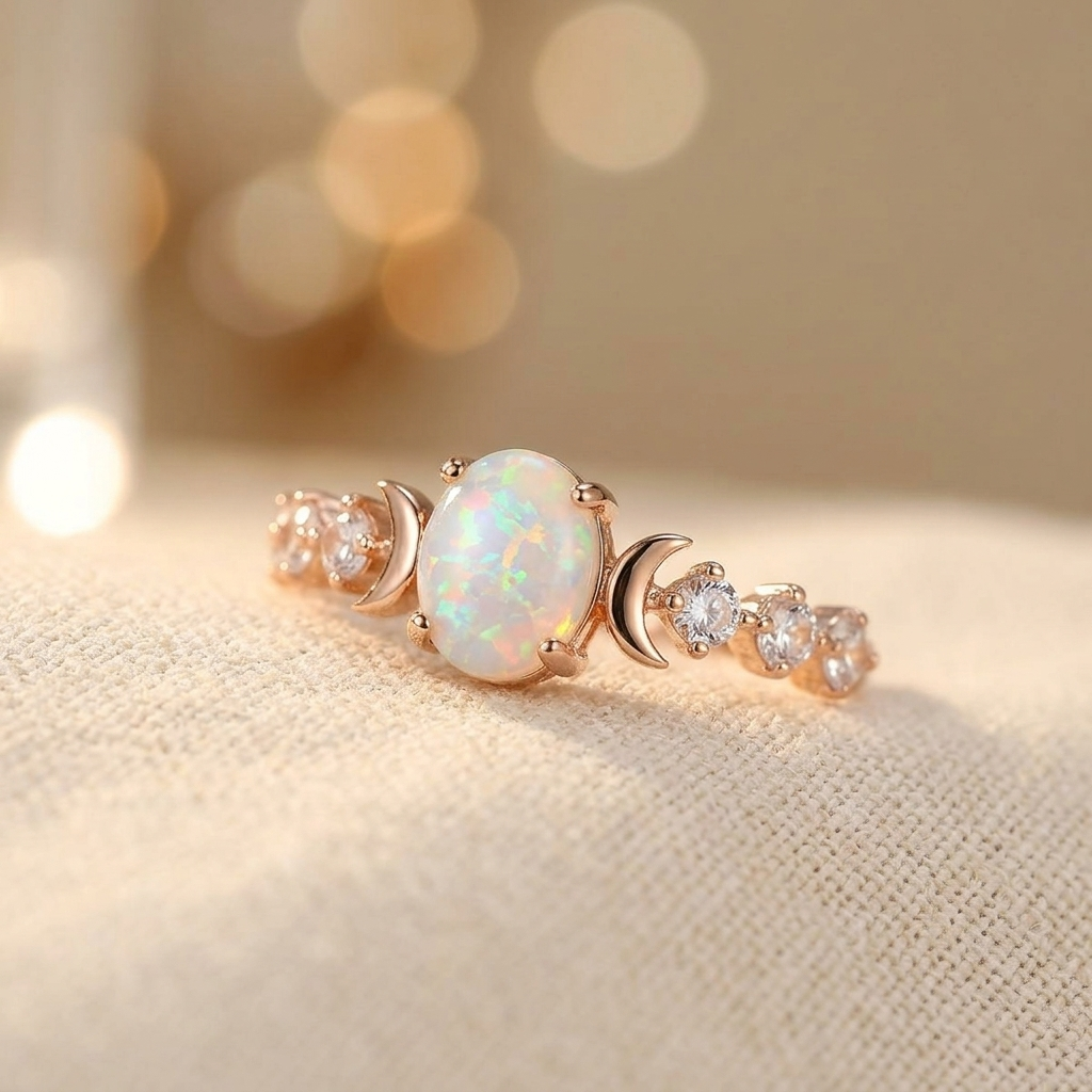 Elegantes anillos dorados con ópalo de fuego blanco arcoíris y pequeña luna