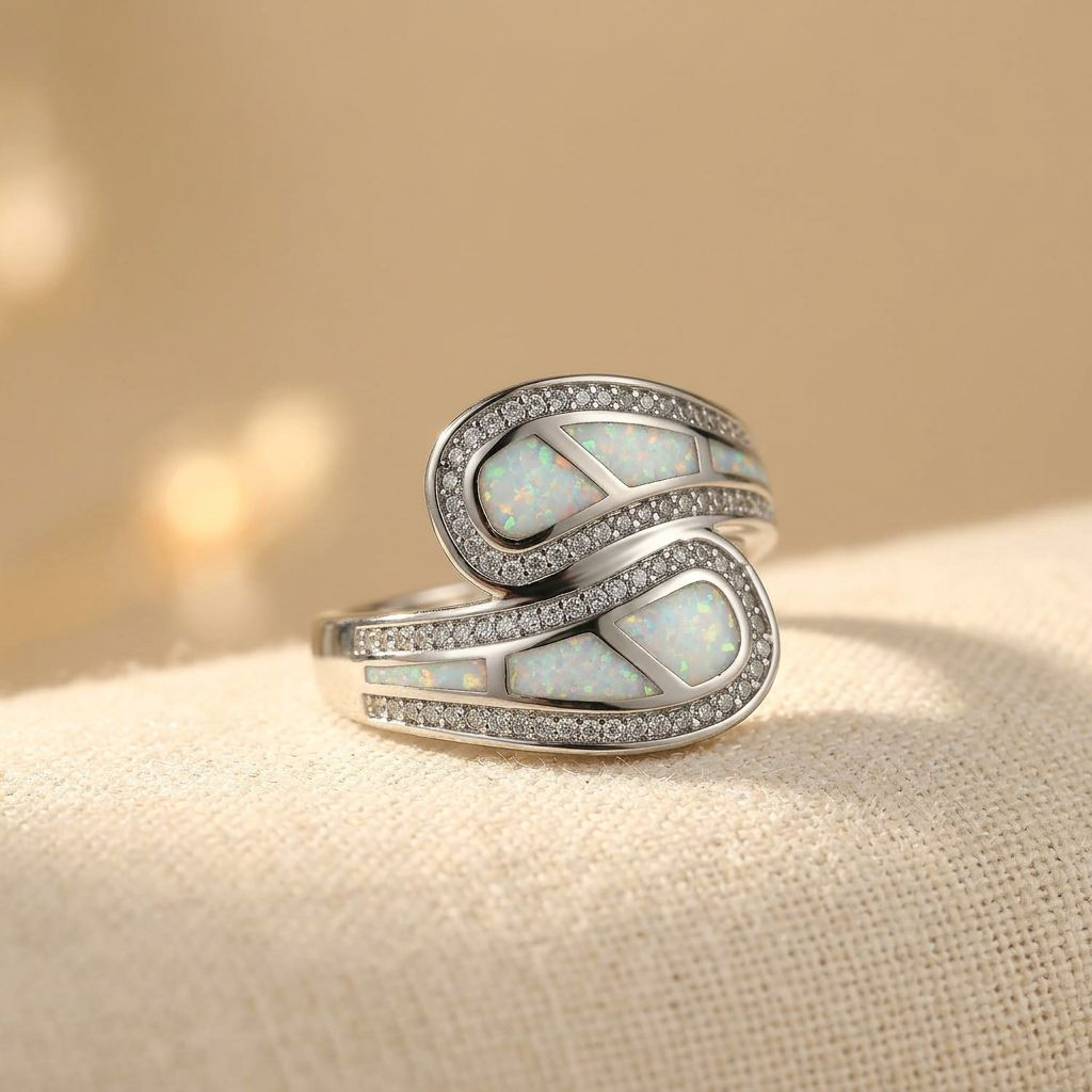 Anillo vintage bohemio de plata con piedra de ópalo blanco