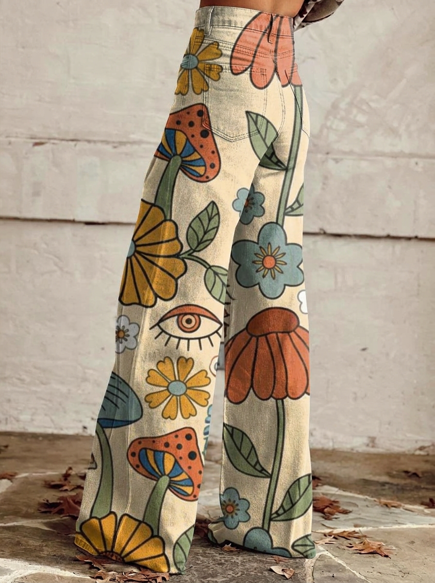 Chloe - Vaqueros de pierna ancha con estampado floral retro