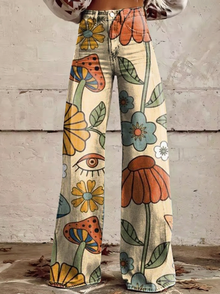 Chloe - Calças de ganga largas com estampado floral retro