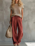 Casual Knitted Pullover Top And Linen-cotton Trousers Two-piece Set