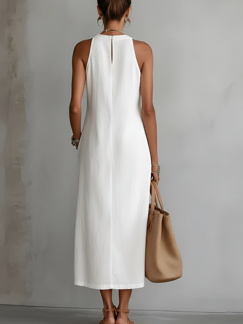 Jimena | Vestido midi bordado descontraído com gola mandarim