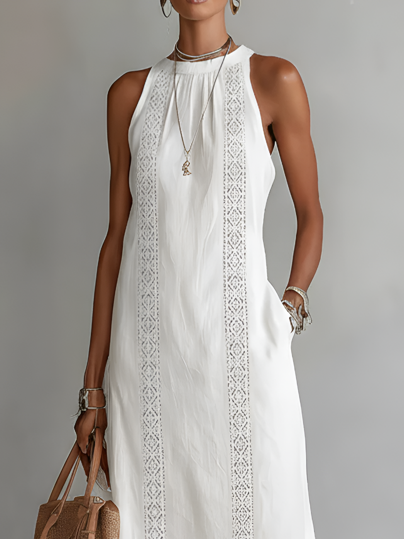 Jimena | Vestido midi bordado descontraído com gola mandarim