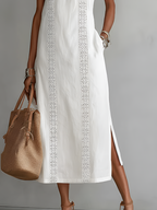 Jimena | Vestido midi bordado descontraído com gola mandarim