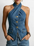 Stylish Casual Halter-neck Denim Top