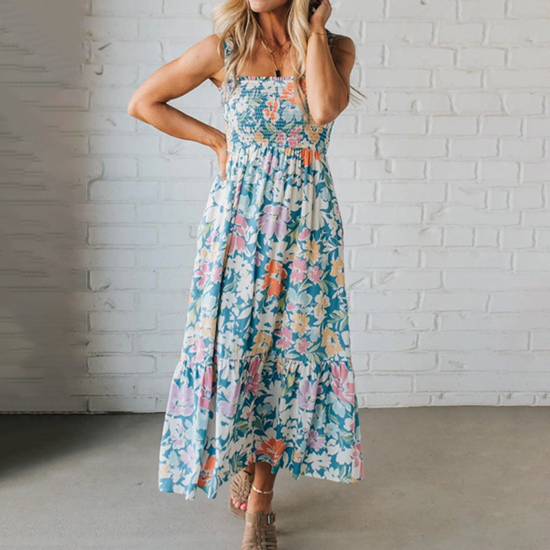 Vestido comprido floral com corpete franzido e alças ajustáveis