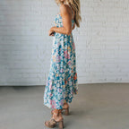 Vestido comprido floral com corpete franzido e alças ajustáveis