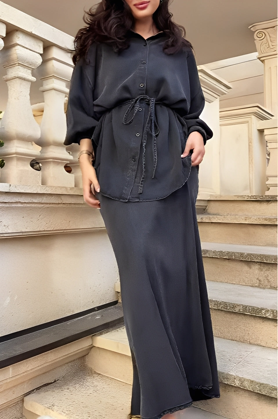 Conjunto de camisa con lazo y cordón ajustable y falda Samantha