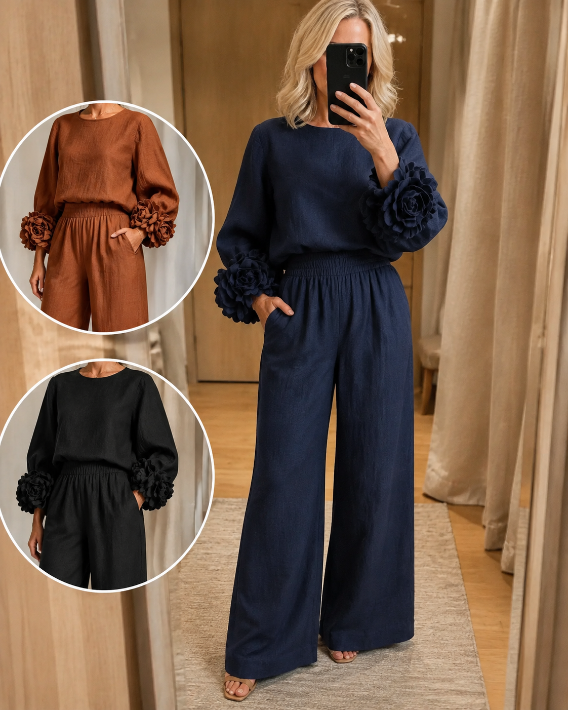 Navy sweater set worn in a mirror selfie, with rust and black versions in circles
